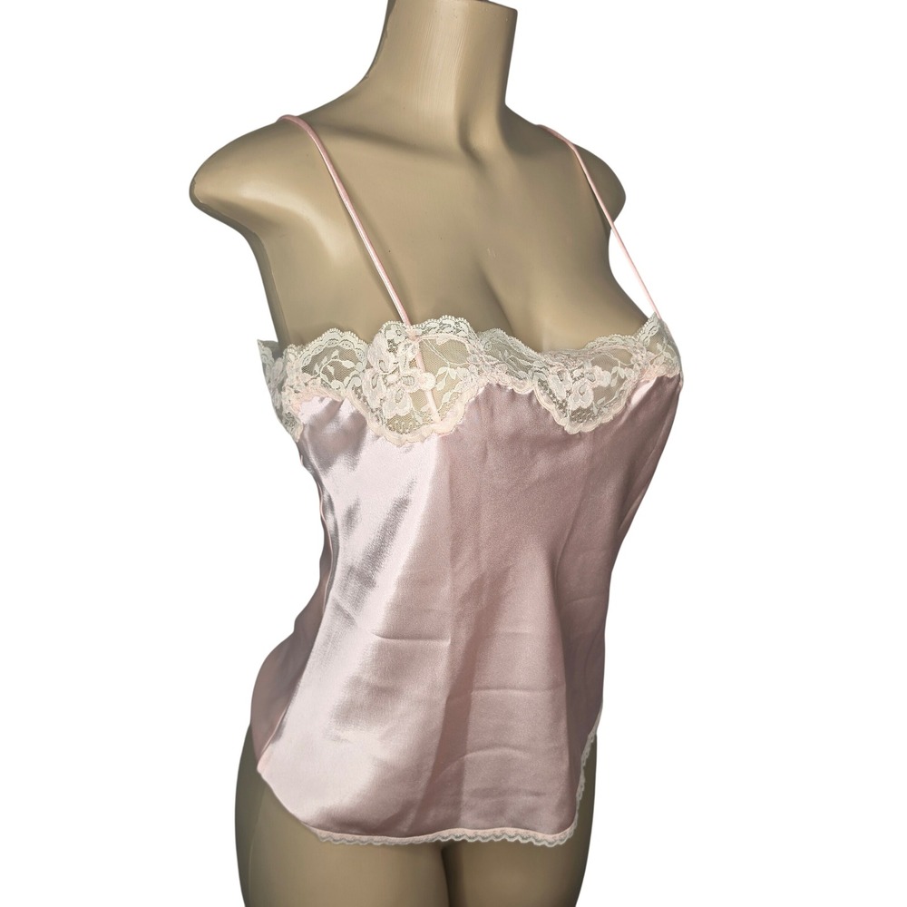 Erika Taylor Camisole Women M Pink Satin Lace Trim Spaghetti Strap Lingerie Top